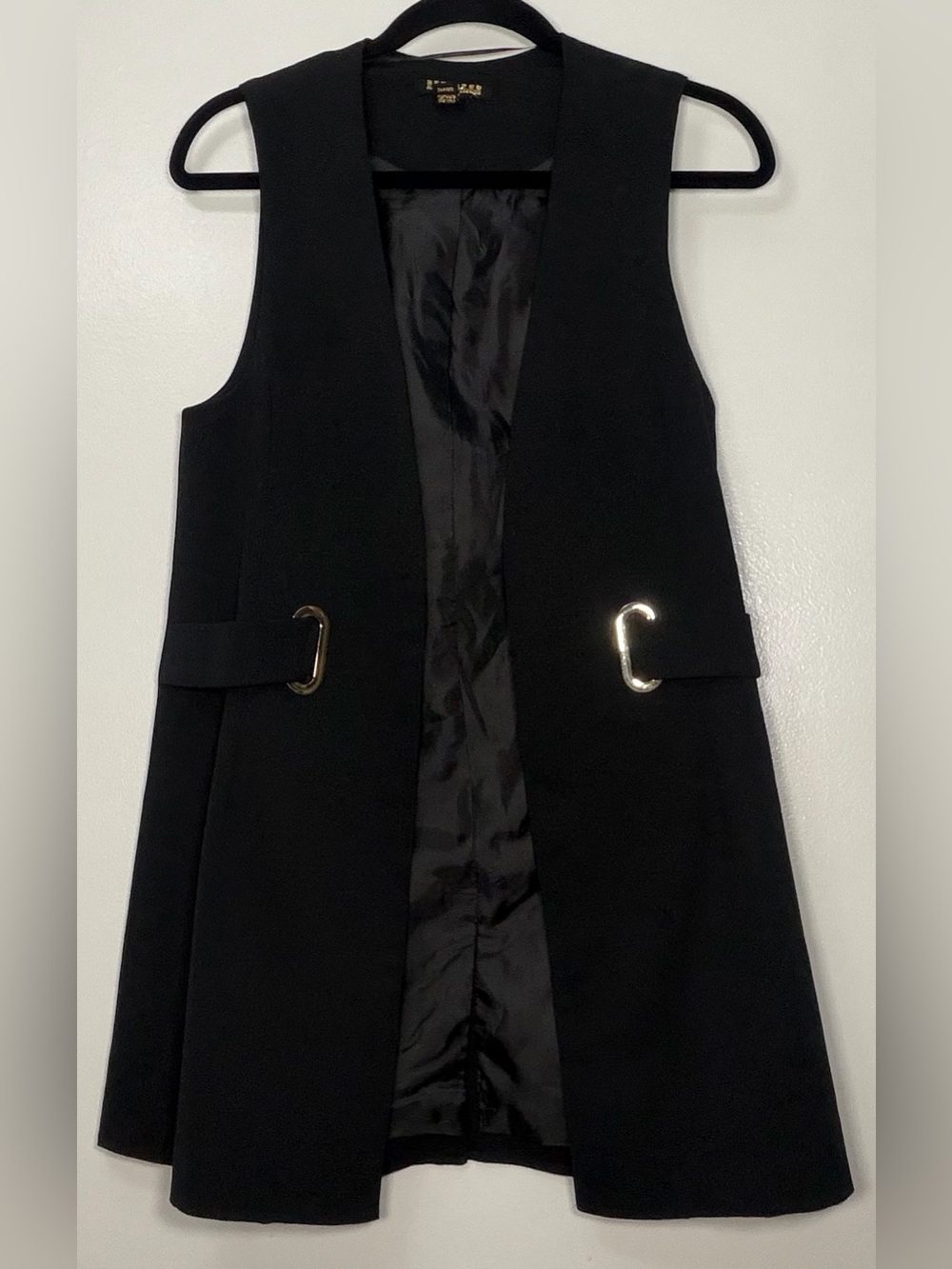 Revamped Black Sleeveless Long Vest with Gold Buckle Accents